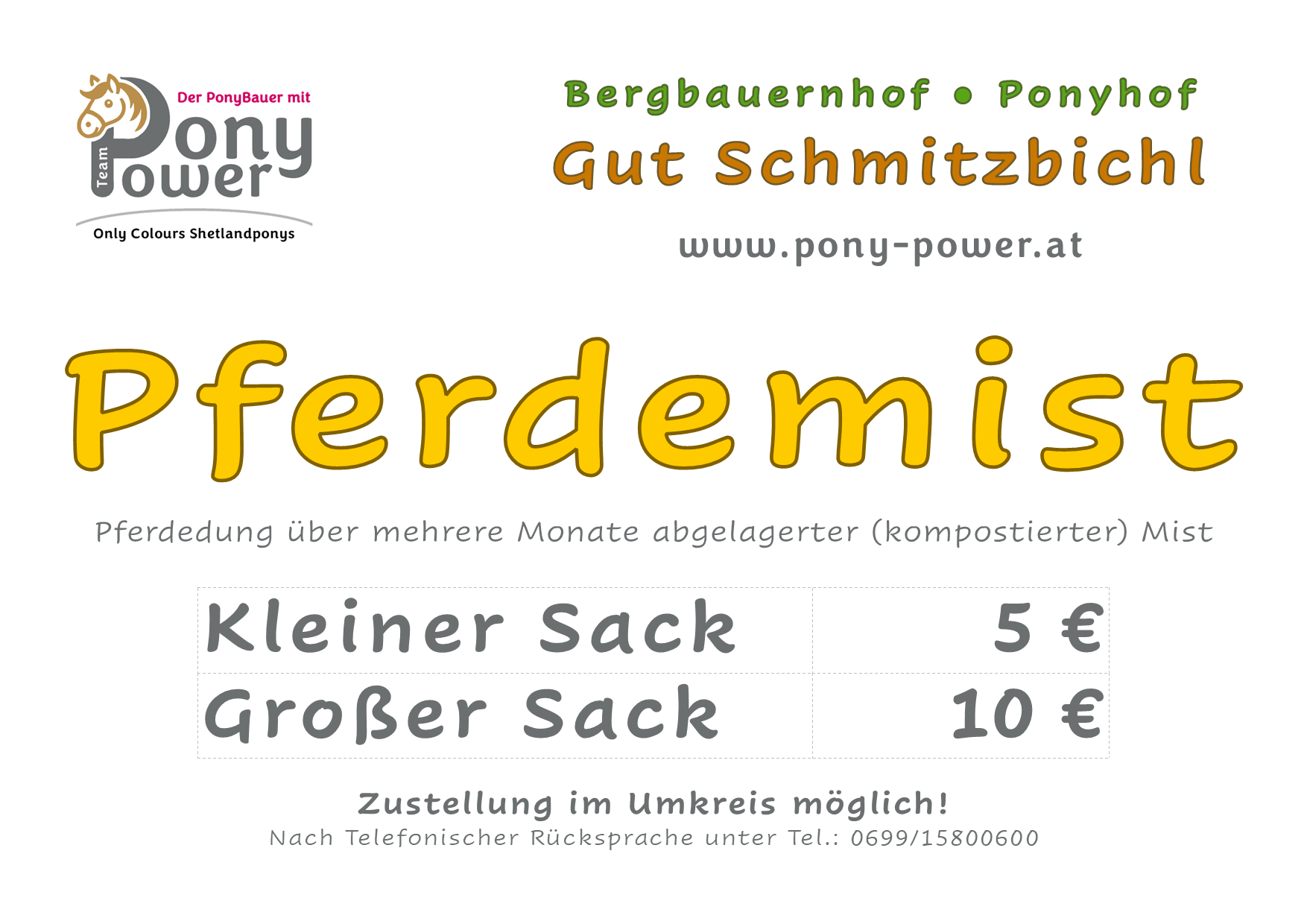 Schild Pferdemist kompost Preisliste